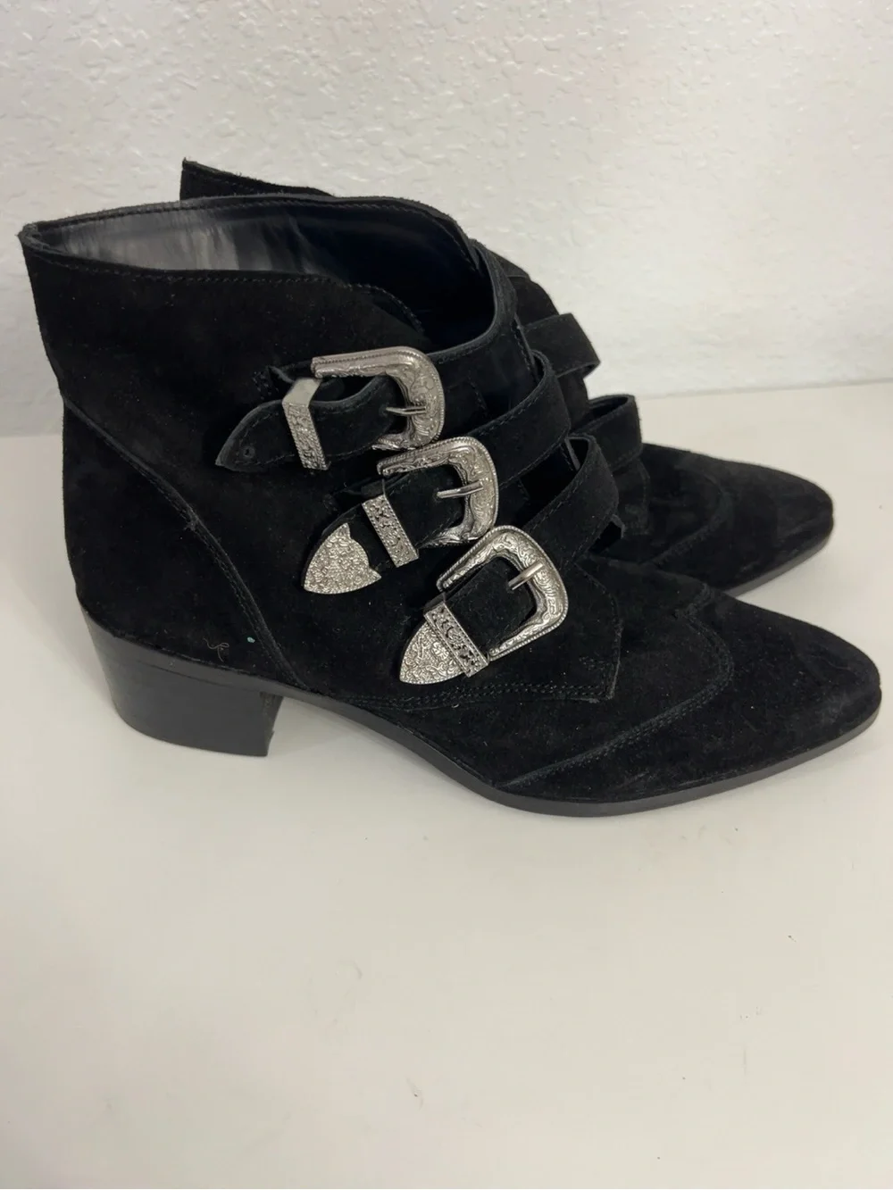 ASOS Black Suede Triple Buckle Western Ankle Boots EU 40